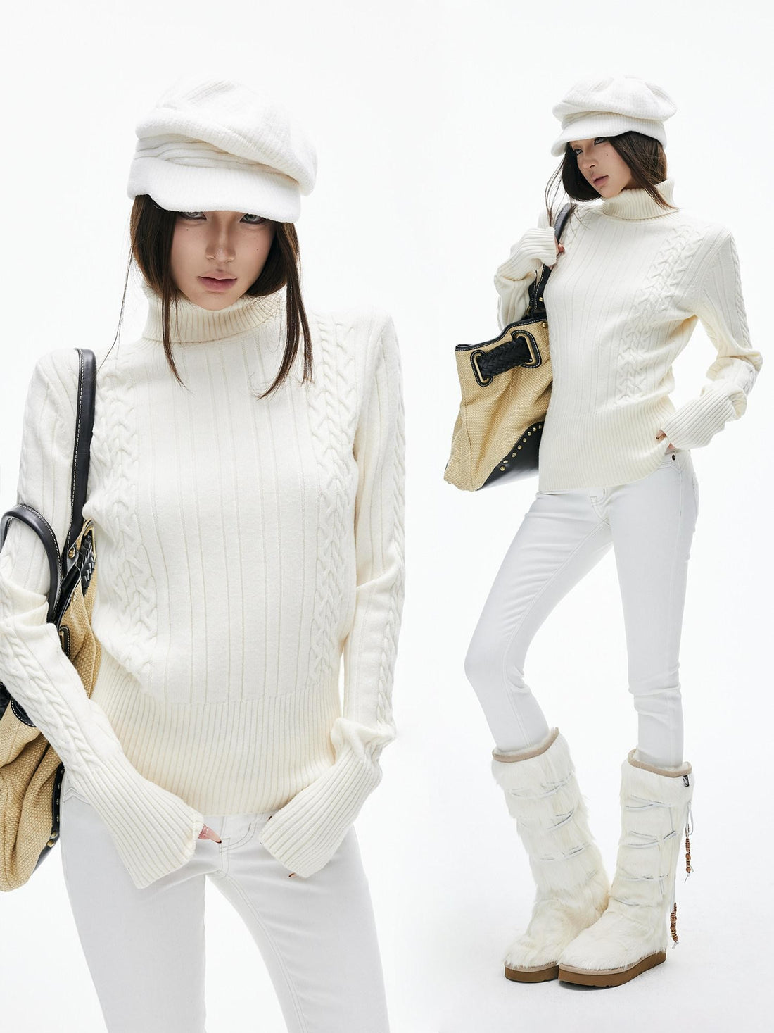 iamxiaa Vintage Chunky Cable Ribbed High Neck Slim Fit Women&