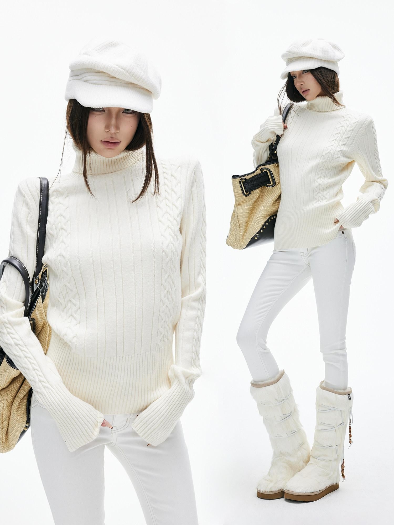iamxiaa Vintage Chunky Cable Ribbed High Neck Slim Fit Women&