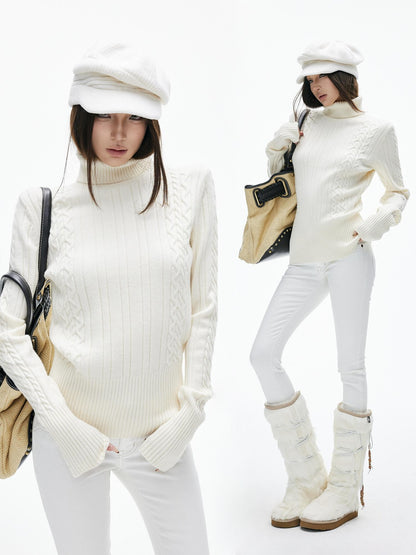 iamxiaa Vintage Chunky Cable Ribbed High Neck Slim Fit Women&