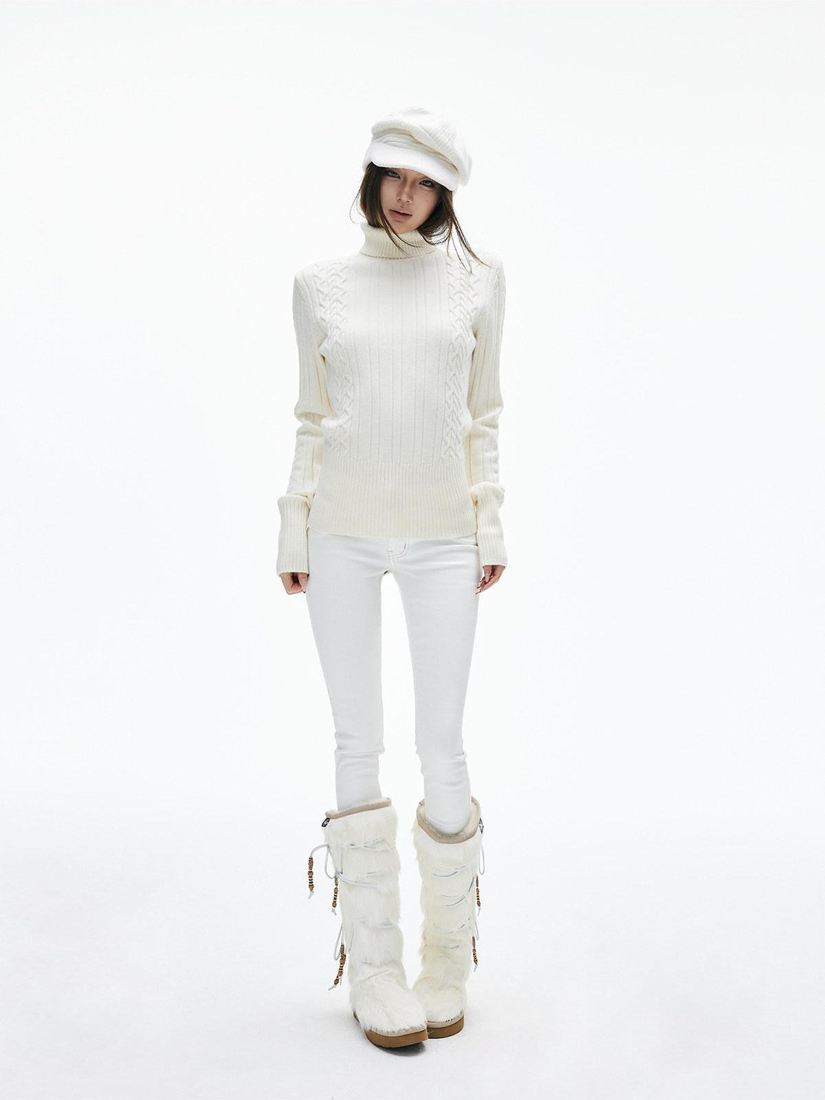 iamxiaa Vintage Chunky Cable Ribbed High Neck Slim Fit Women&