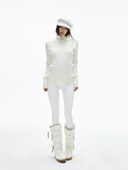 iamxiaa Vintage Chunky Cable Ribbed High Neck Slim Fit Women&