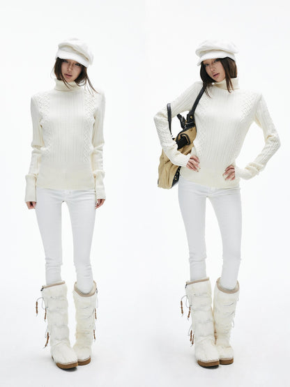 iamxiaa Vintage Chunky Cable Ribbed High Neck Slim Fit Women&