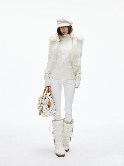 iamxiaa Vintage Chunky Cable Ribbed High Neck Slim Fit Women&