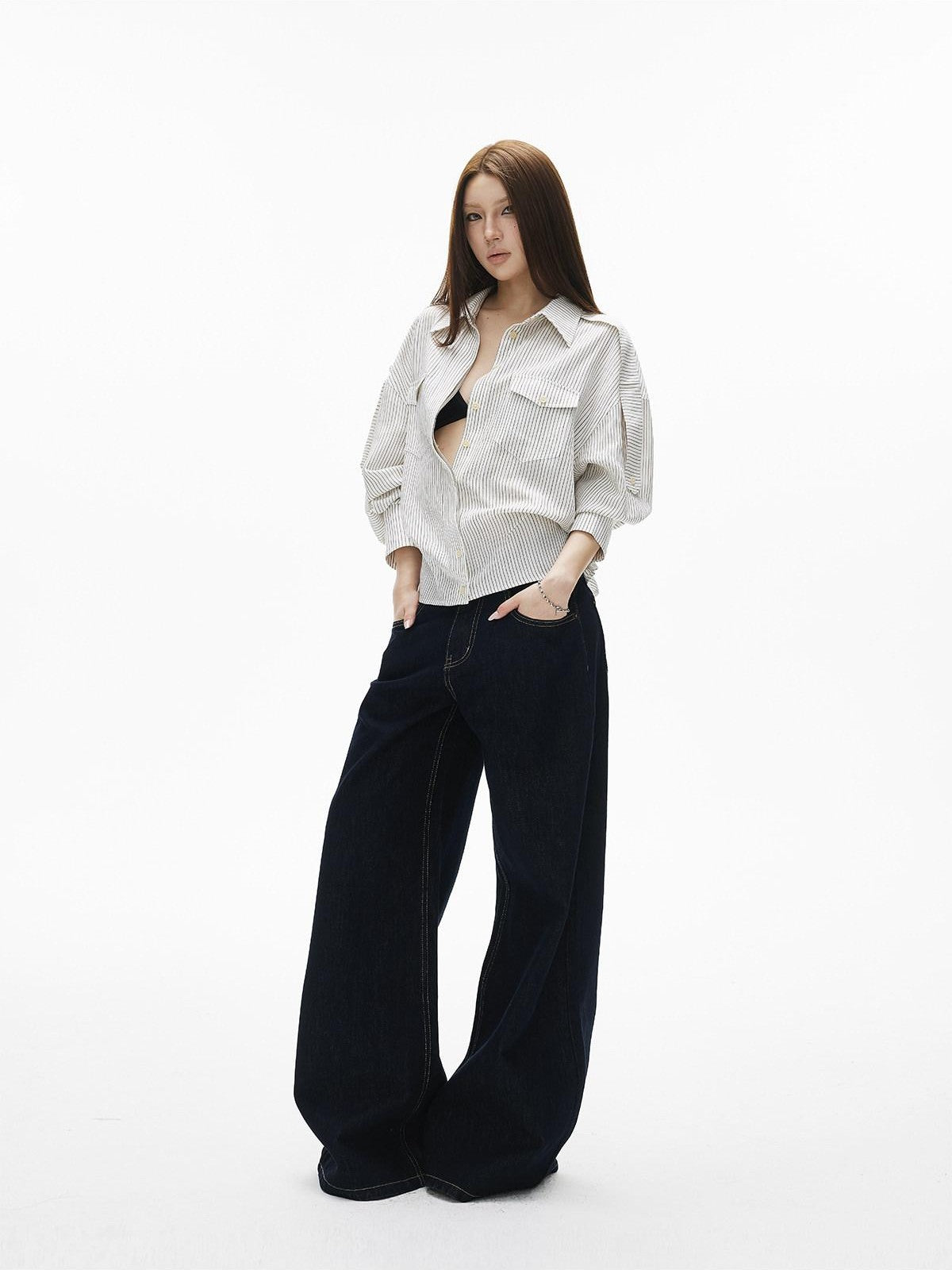 iamxiaa Vintage Contrast Stitch Fancy Pocket Slimming Women&