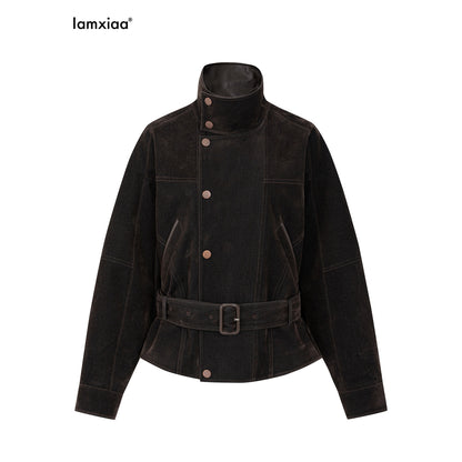 iamxiaa_Vintage_Flocked_Leather_Patch_Lantern_Sleeve_Tie_Waist_Women&