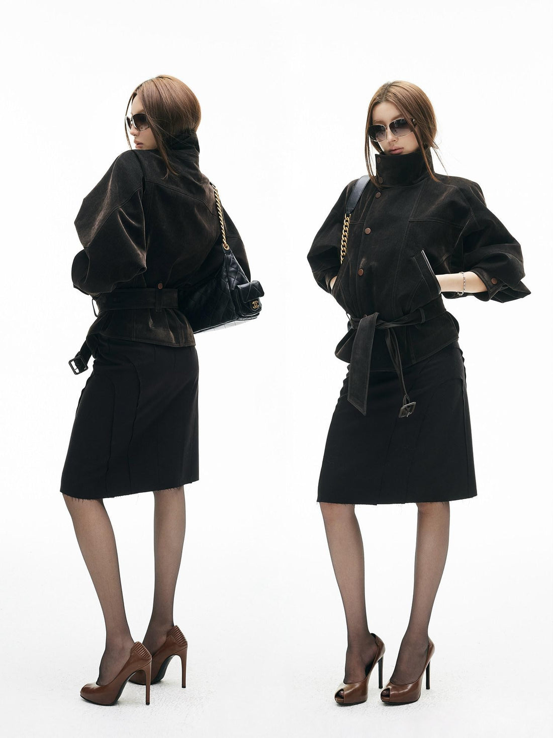 iamxiaa Vintage Flocked Leather Patch Lantern Sleeve Tie Waist Women&