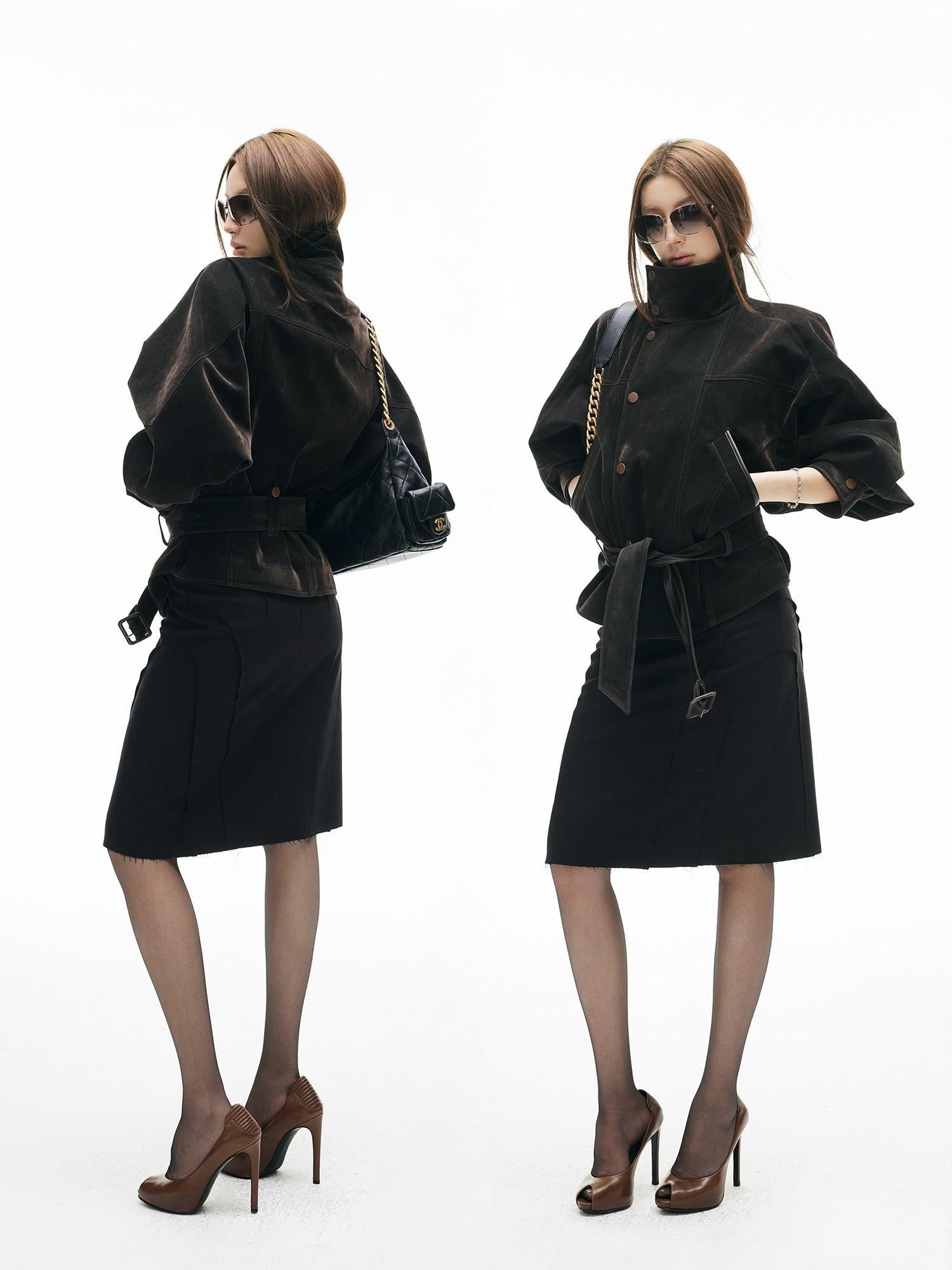 iamxiaa Vintage Flocked Leather Patch Lantern Sleeve Tie Waist Women&