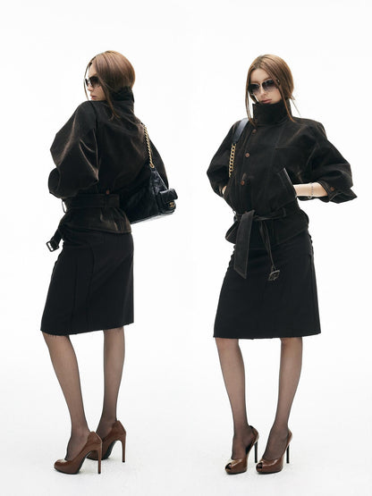 iamxiaa Vintage Flocked Leather Patch Lantern Sleeve Tie Waist Women&