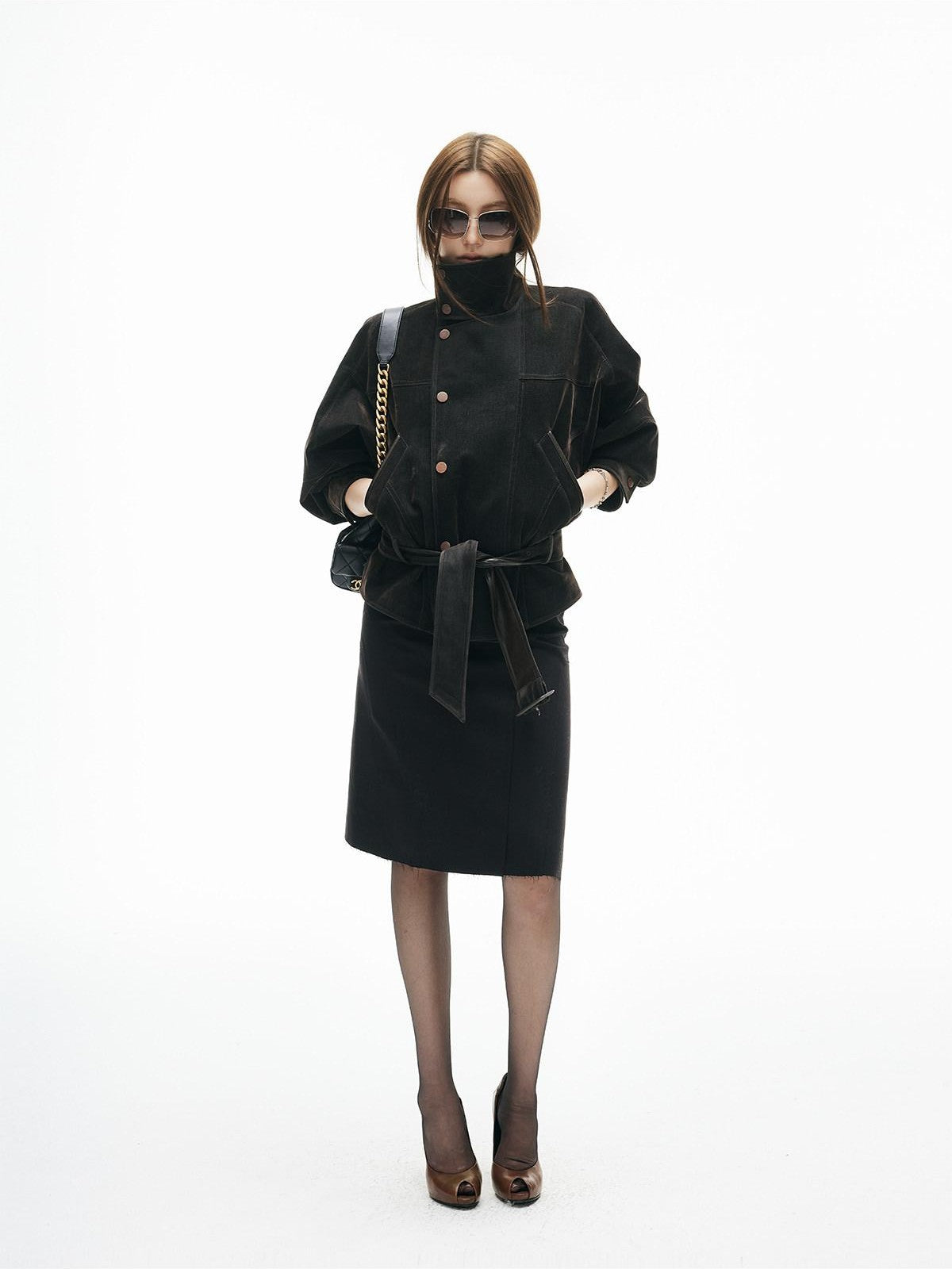 iamxiaa Vintage Flocked Leather Patch Lantern Sleeve Tie Waist Women&