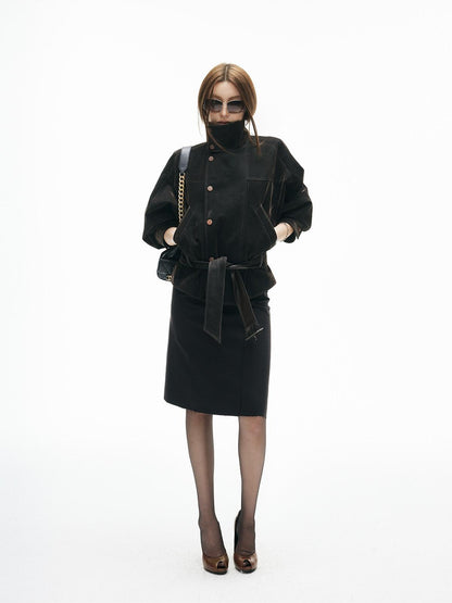 iamxiaa Vintage Flocked Leather Patch Lantern Sleeve Tie Waist Women&