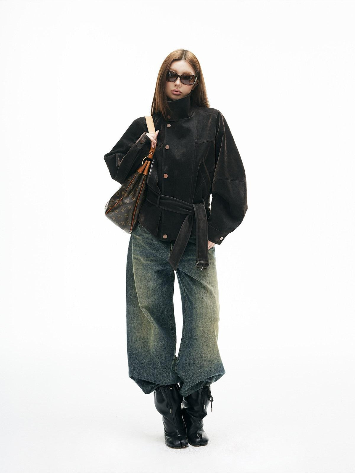 iamxiaa Vintage Flocked Leather Patch Lantern Sleeve Tie Waist Women&