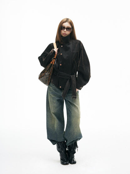 iamxiaa Vintage Flocked Leather Patch Lantern Sleeve Tie Waist Women&