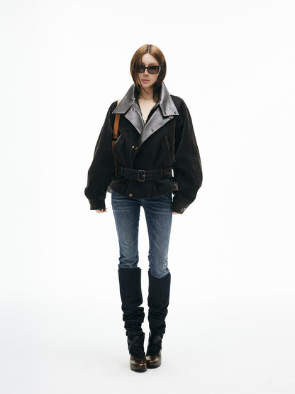 iamxiaa Vintage Flocked Leather Patch Lantern Sleeve Tie Waist Women&
