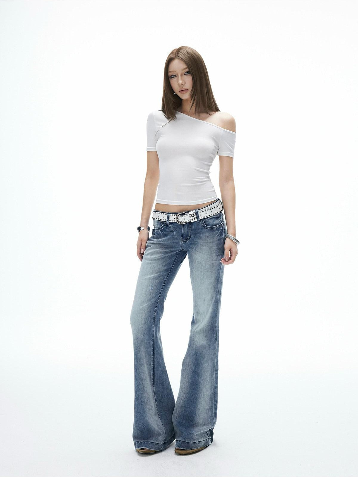 iamxiaa Vintage Gradient Washed Low Rise Slim Micro Flare Women&