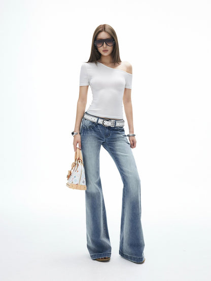 iamxiaa Vintage Gradient Washed Low Rise Slim Micro Flare Women&