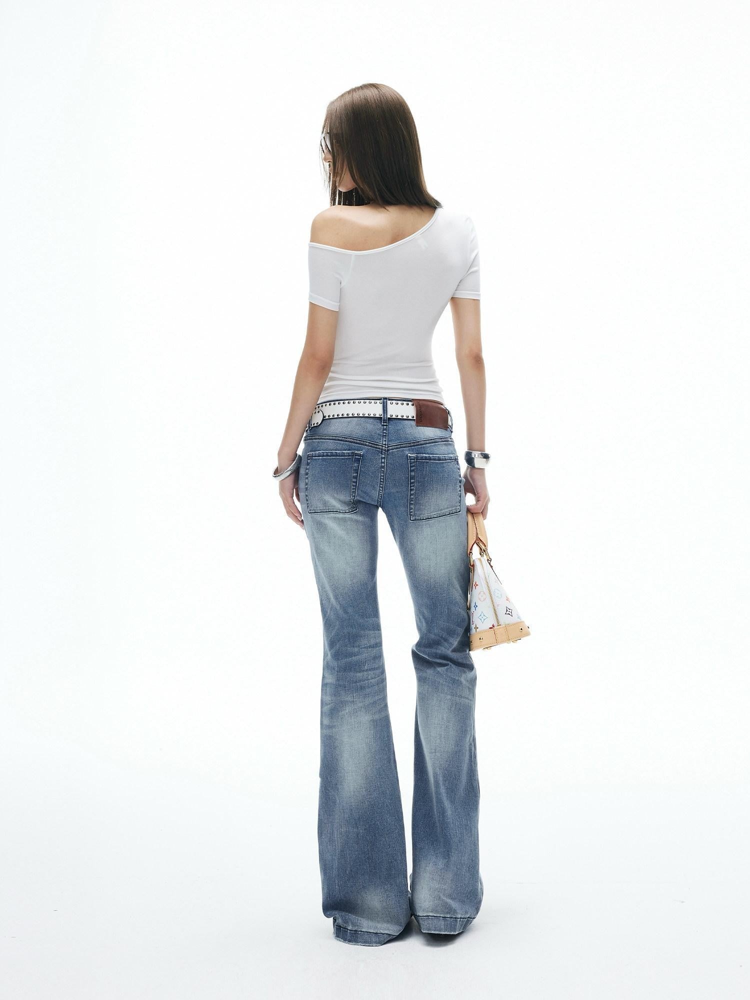 iamxiaa Vintage Gradient Washed Low Rise Slim Micro Flare Women&