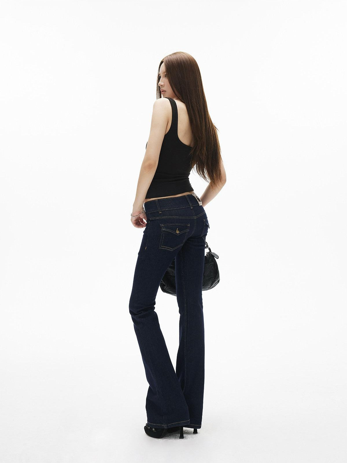 iamxiaa Vintage Low Rise Double Button Wide Waistband Slim Flare Women&