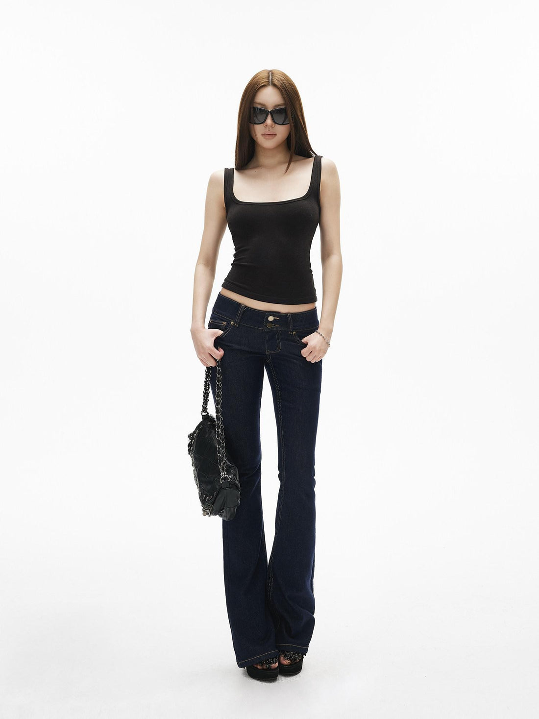 iamxiaa Vintage Low Rise Double Button Wide Waistband Slim Flare Women&