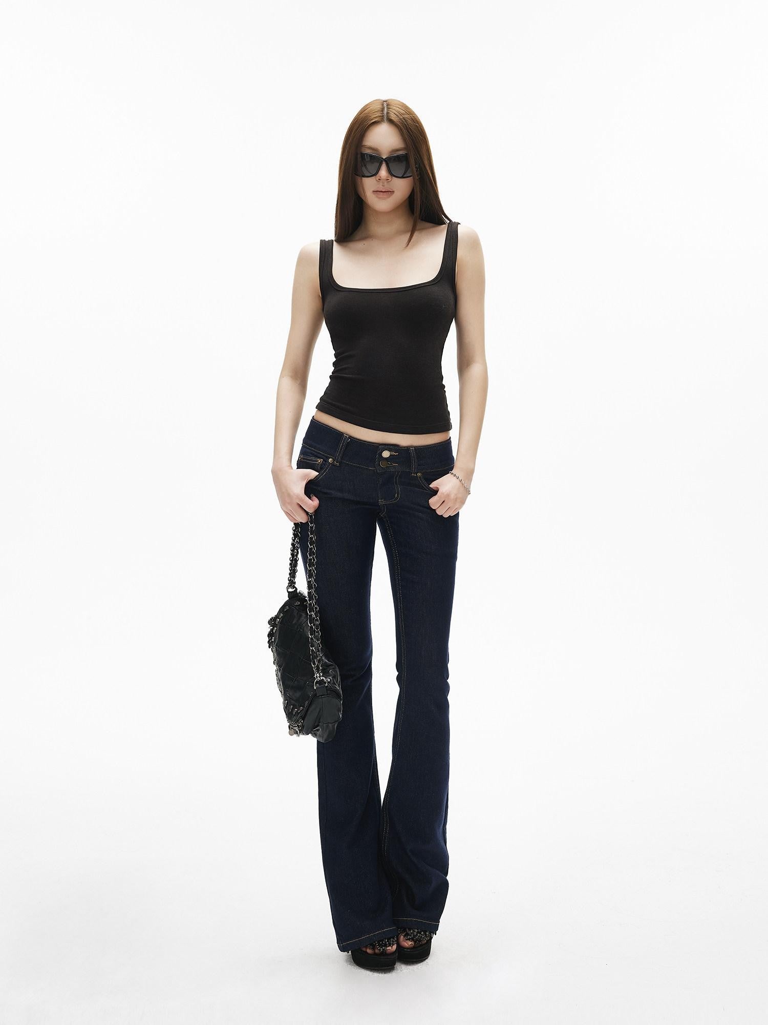 iamxiaa Vintage Low Rise Double Button Wide Waistband Slim Flare Women&