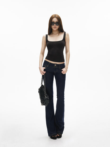 iamxiaa Vintage Low Rise Double Button Wide Waistband Slim Flare Women&