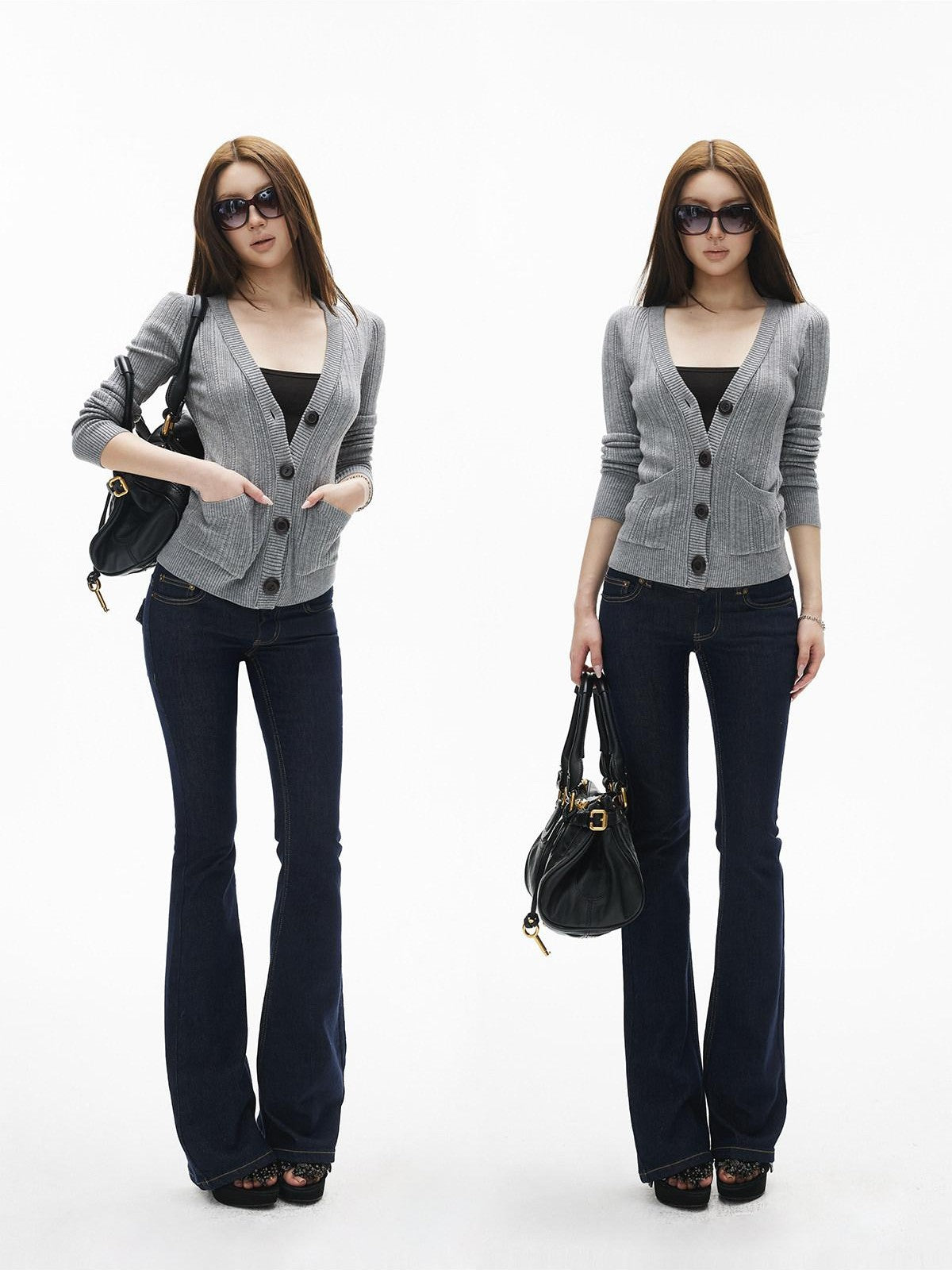 iamxiaa Vintage Low Rise Double Button Wide Waistband Slim Flare Women&