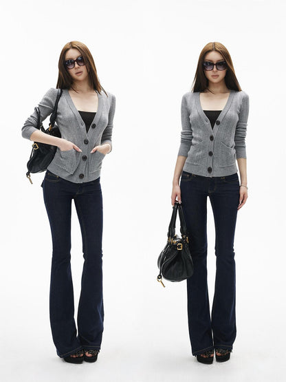 iamxiaa Vintage Low Rise Double Button Wide Waistband Slim Flare Women&