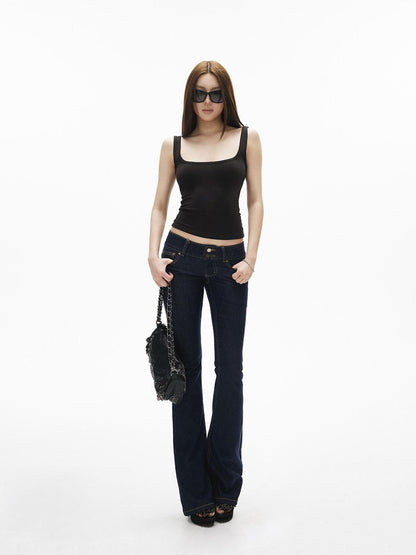 iamxiaa Vintage Low Rise Double Button Wide Waistband Slim Flare Women&