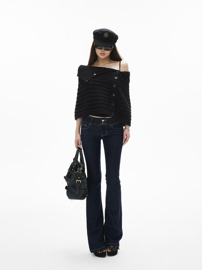 iamxiaa Vintage Low Rise Double Button Wide Waistband Slim Flare Women&