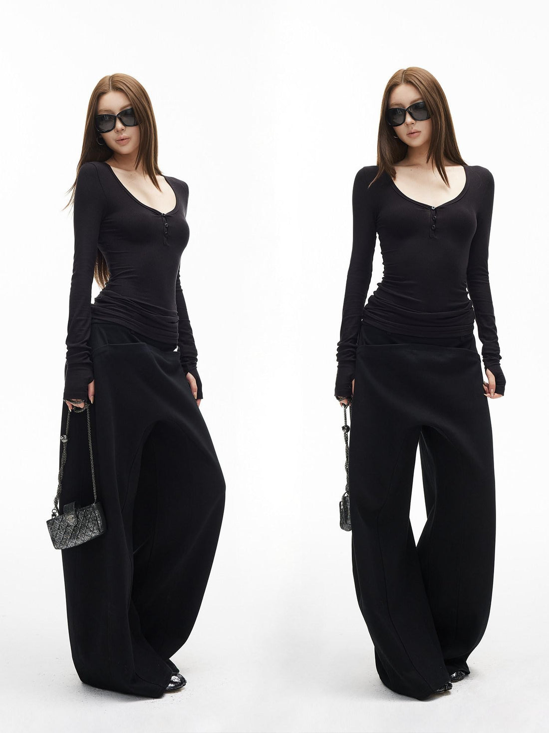iamxiaa Vintage Ribbed Textured U Neck Henley Women&