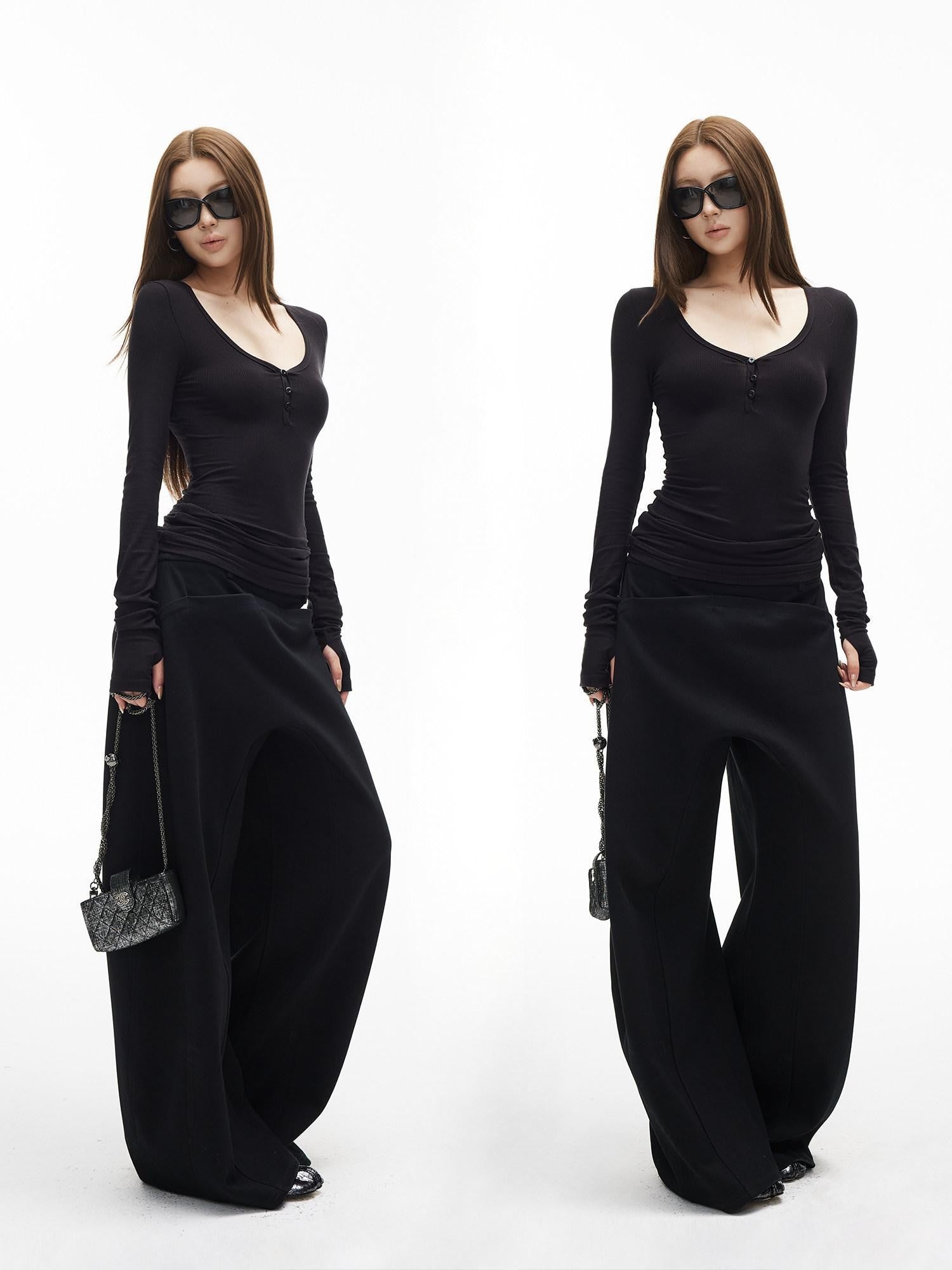iamxiaa Vintage Ribbed Textured U Neck Henley Women&