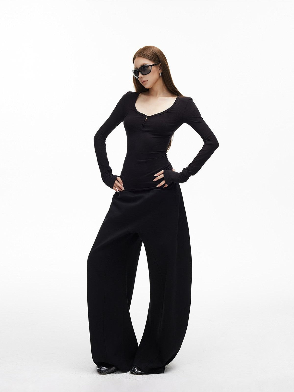 iamxiaa Vintage Ribbed Textured U Neck Henley Women&