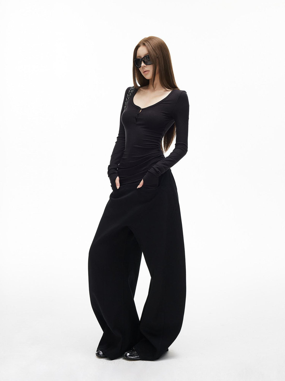 iamxiaa Vintage Ribbed Textured U Neck Henley Women&