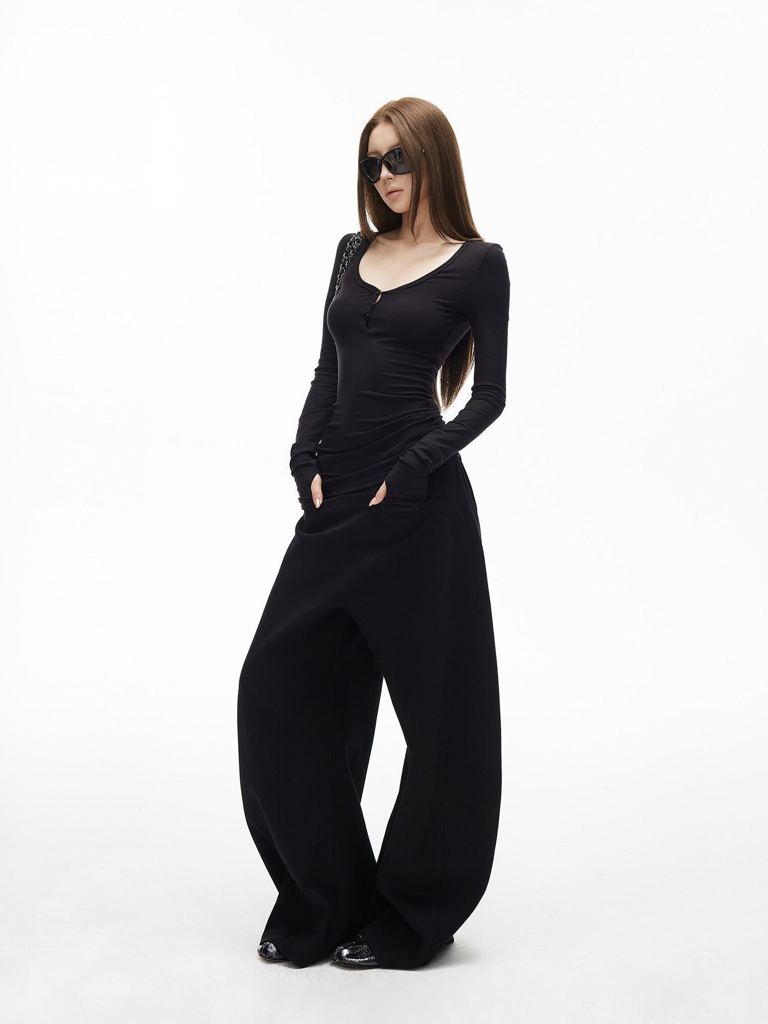 iamxiaa Vintage Ribbed Textured U Neck Henley Women&