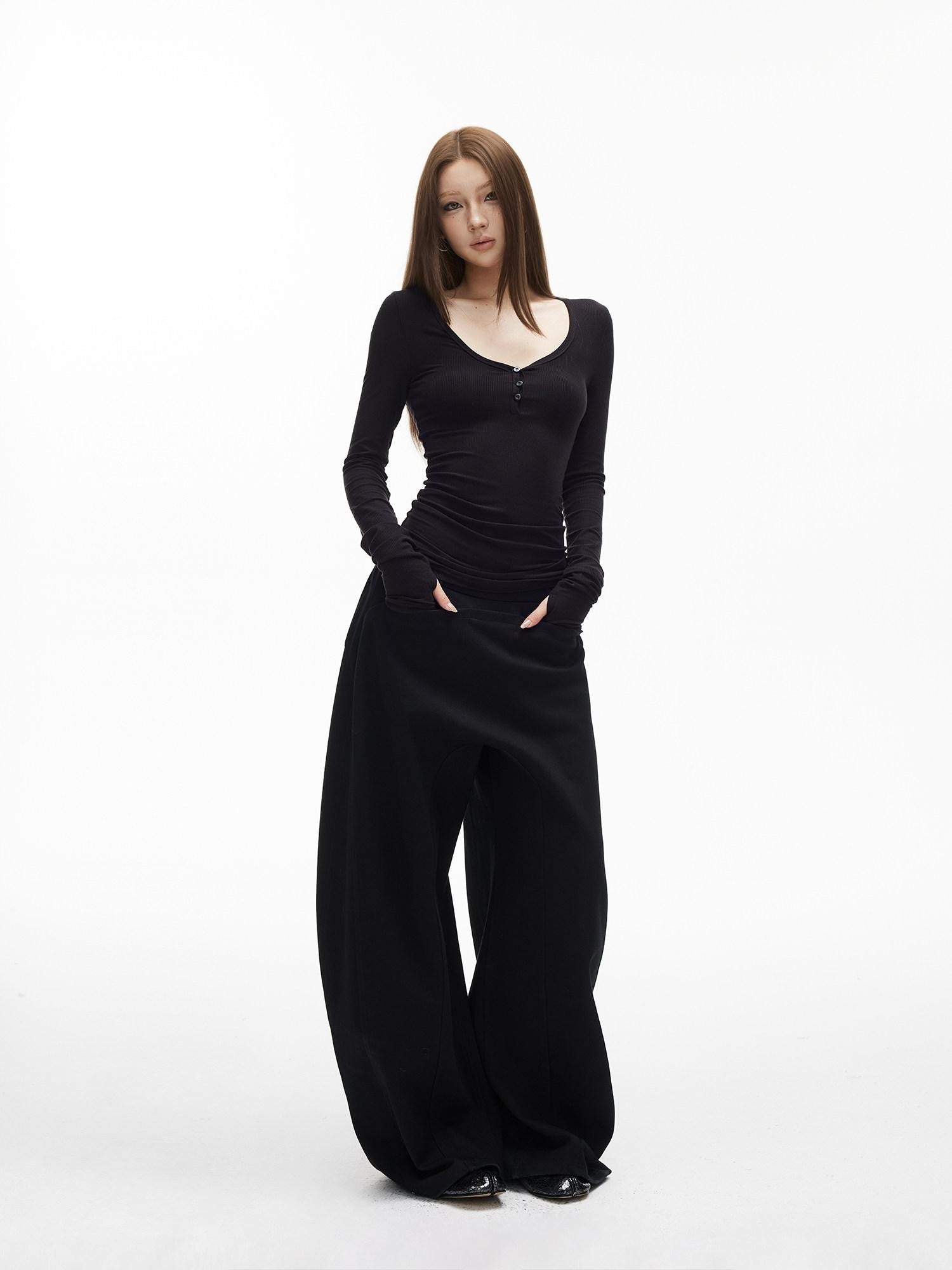 iamxiaa Vintage Ribbed Textured U Neck Henley Women&
