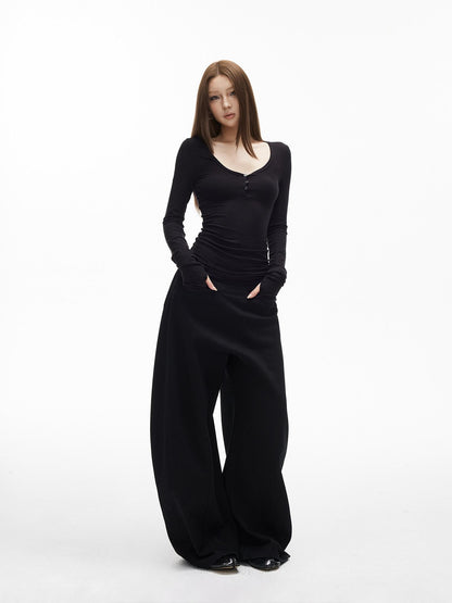 iamxiaa Vintage Ribbed Textured U Neck Henley Women&