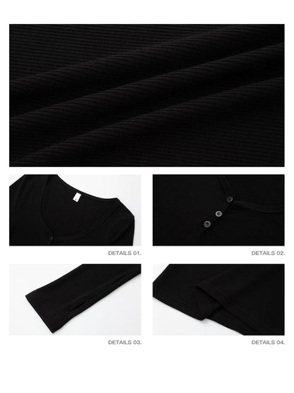 iamxiaa Vintage Ribbed Textured U Neck Henley Women&