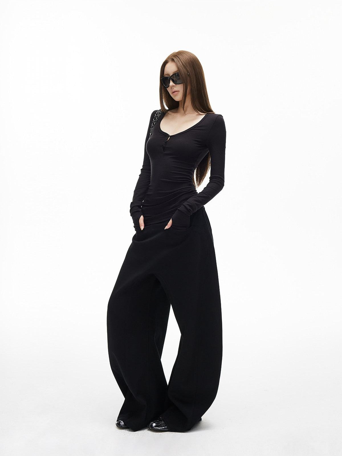 iamxiaa Vintage Ribbed Textured U Neck Henley Women&