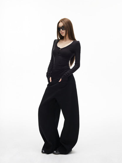 iamxiaa Vintage Ribbed Textured U Neck Henley Women&