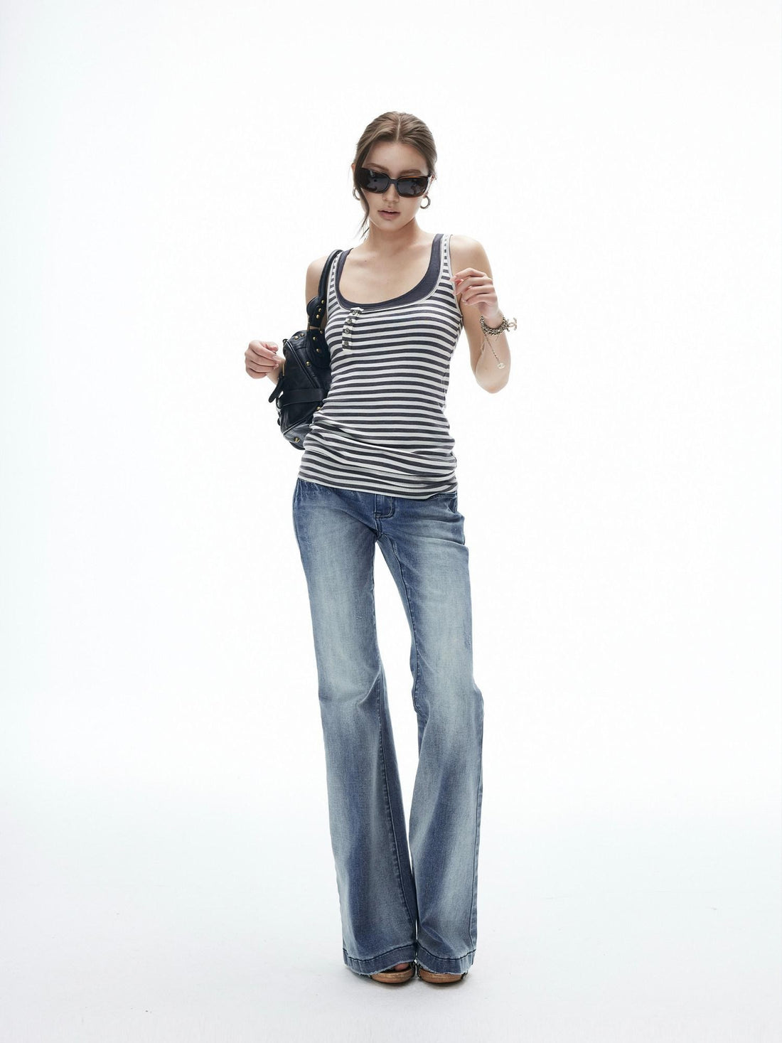 iamxiaa Vintage Striped Faux Layer Henry Placket Contrast Women&