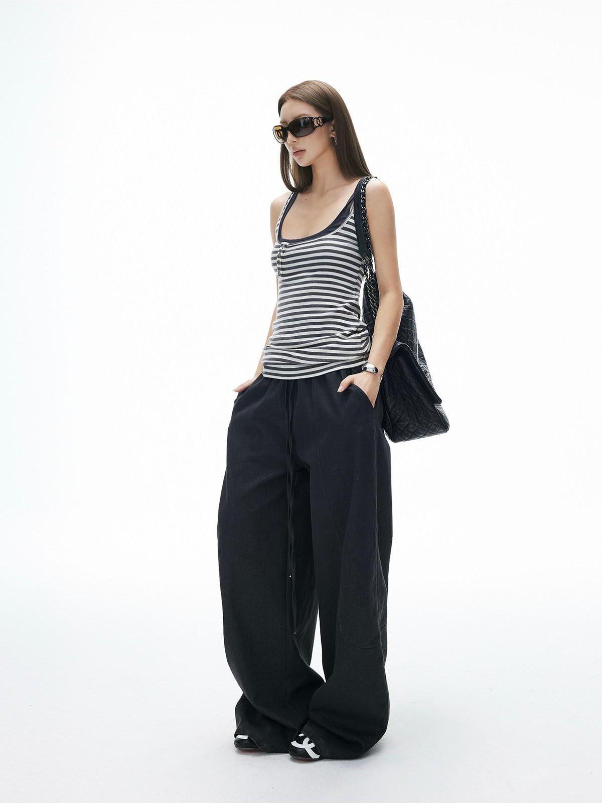 iamxiaa Vintage Striped Faux Layer Henry Placket Contrast Women&