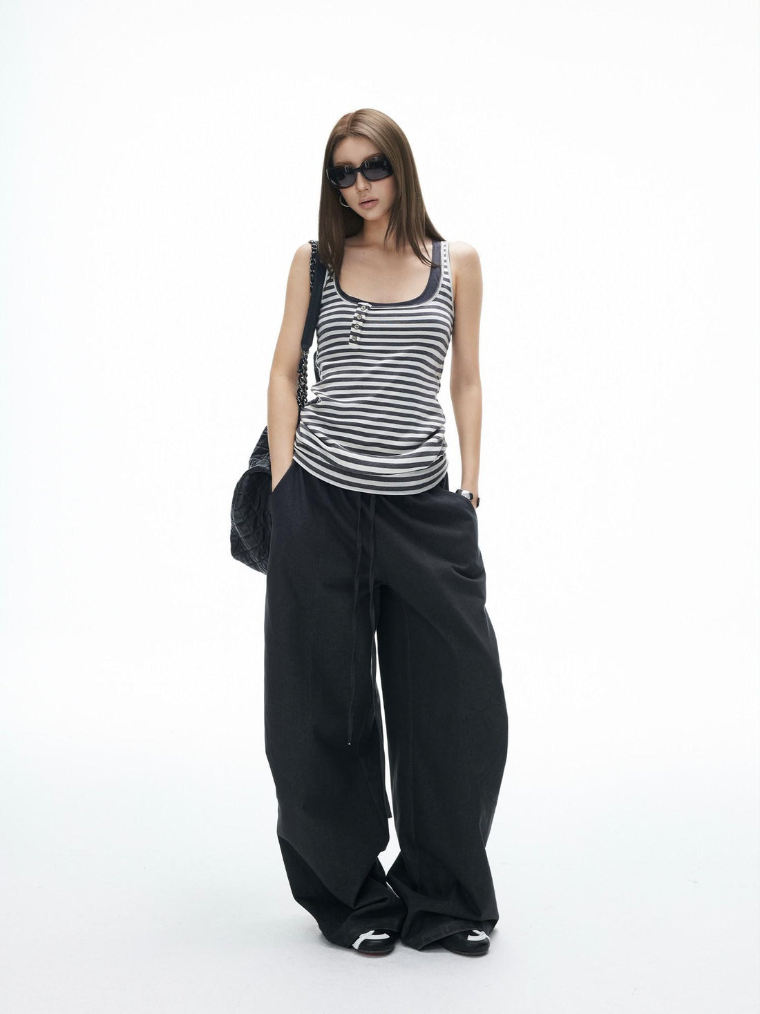iamxiaa Vintage Striped Faux Layer Henry Placket Contrast Women&
