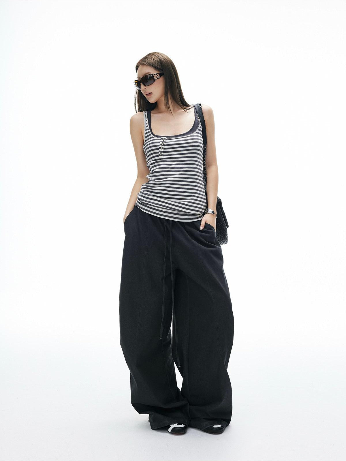 iamxiaa Vintage Striped Faux Layer Henry Placket Contrast Women&