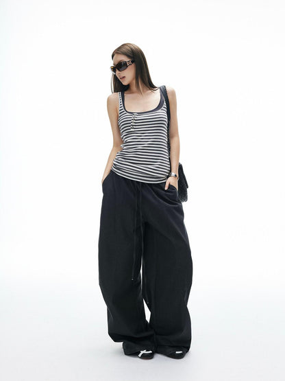 iamxiaa Vintage Striped Faux Layer Henry Placket Contrast Women&
