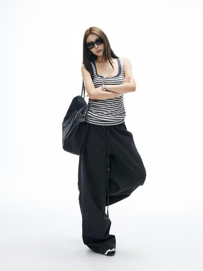 iamxiaa Vintage Striped Faux Layer Henry Placket Contrast Women&