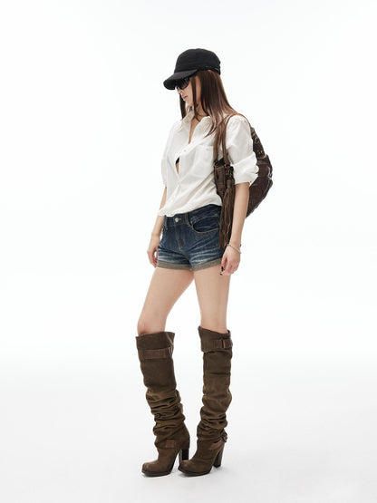 iamxiaa Vintage Wash Asymmetric Fold Slim Fit Women&