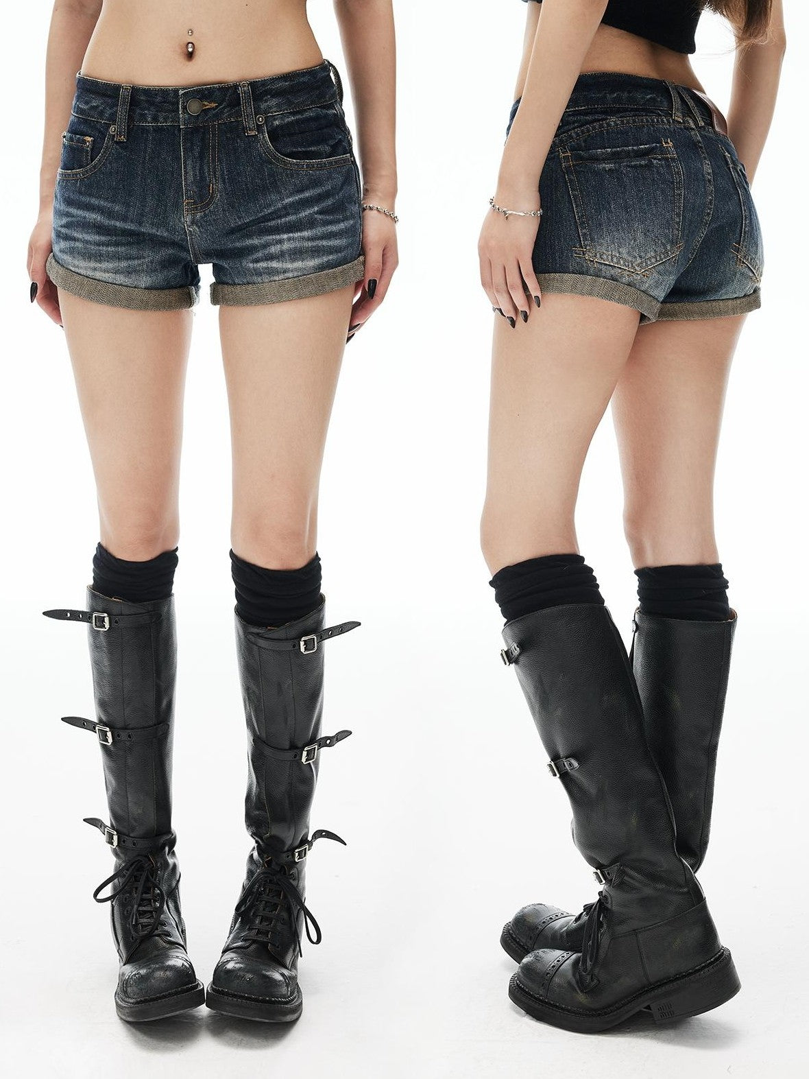iamxiaa Vintage Wash Asymmetric Fold Slim Fit Women&