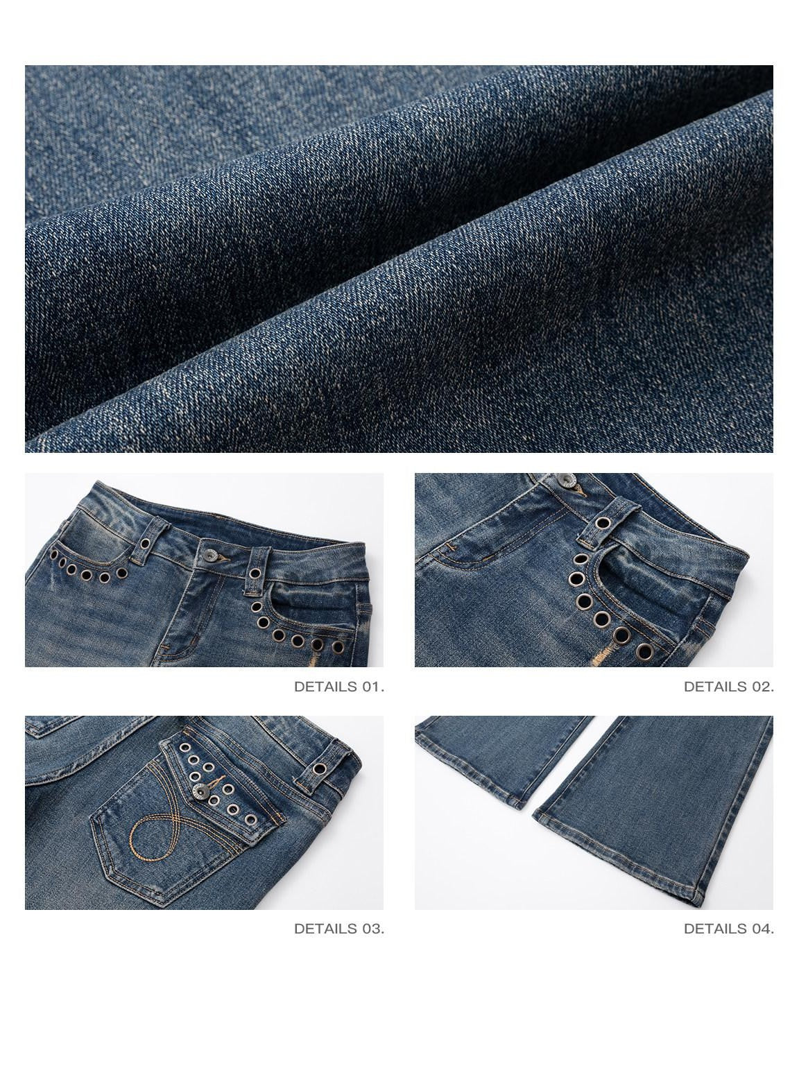 iamxiaa Vintage Wash Low Rise Slim Silver Eyelets Women&