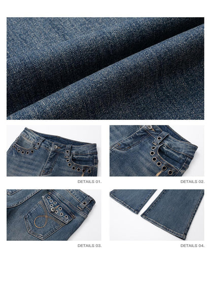 iamxiaa Vintage Wash Low Rise Slim Silver Eyelets Women&