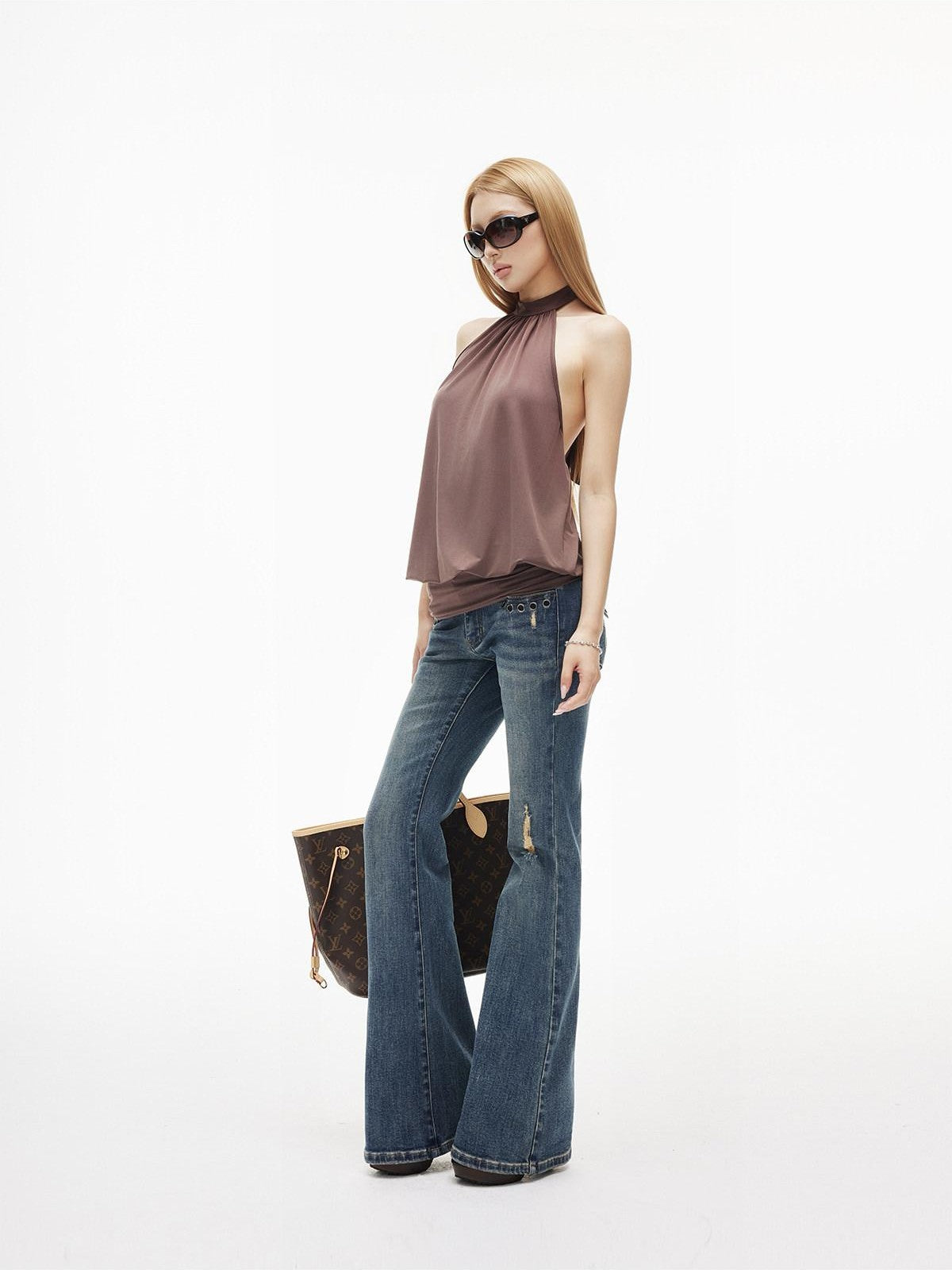 iamxiaa Vintage Wash Low Rise Slim Silver Eyelets Women&