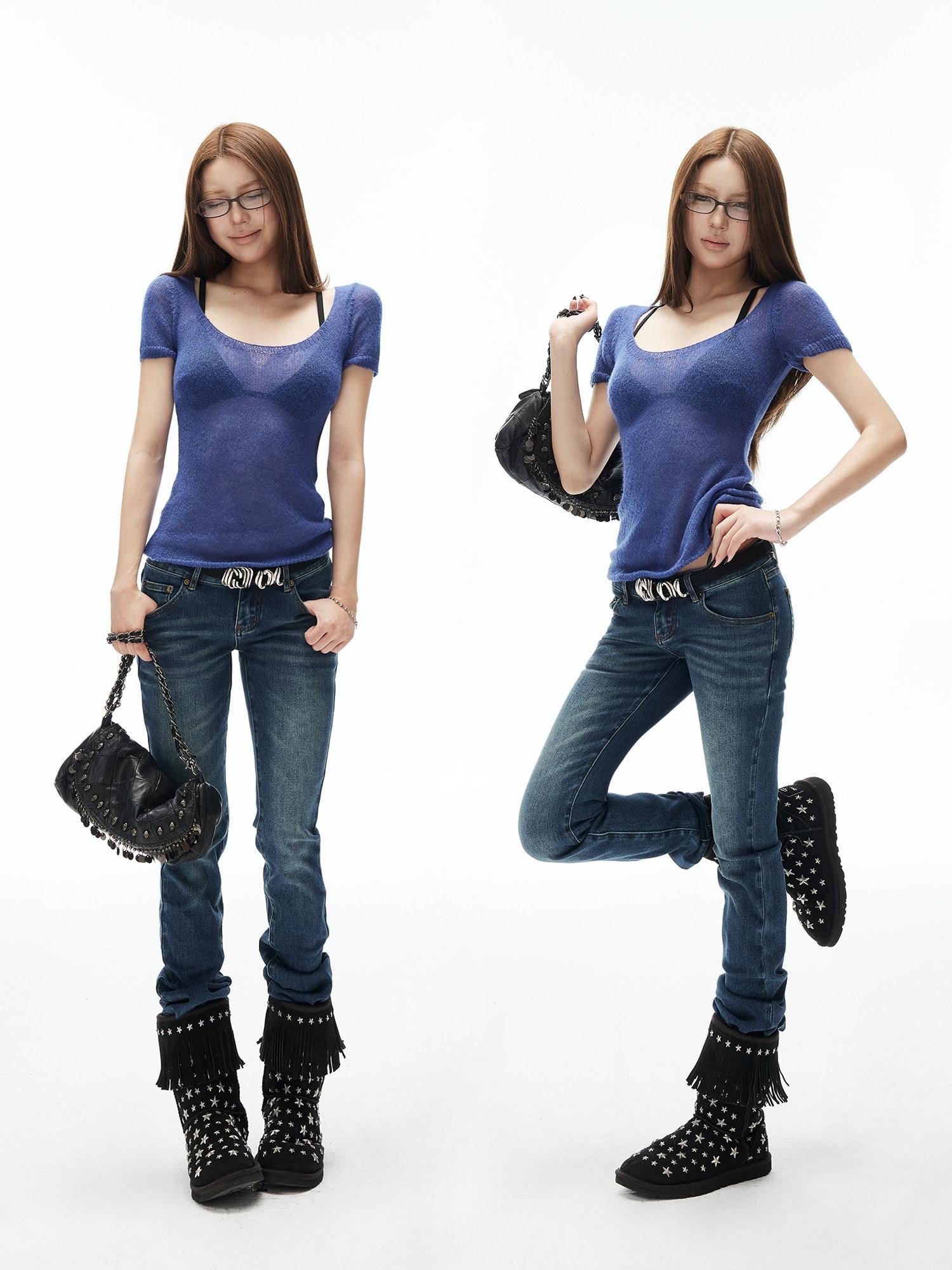 iamxiaa Vintage Wash Retro Low Rise Straight Flare Women&